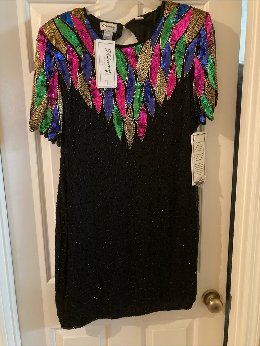 Stenay Black Dress with Multicolor Sequin Feather Yoke